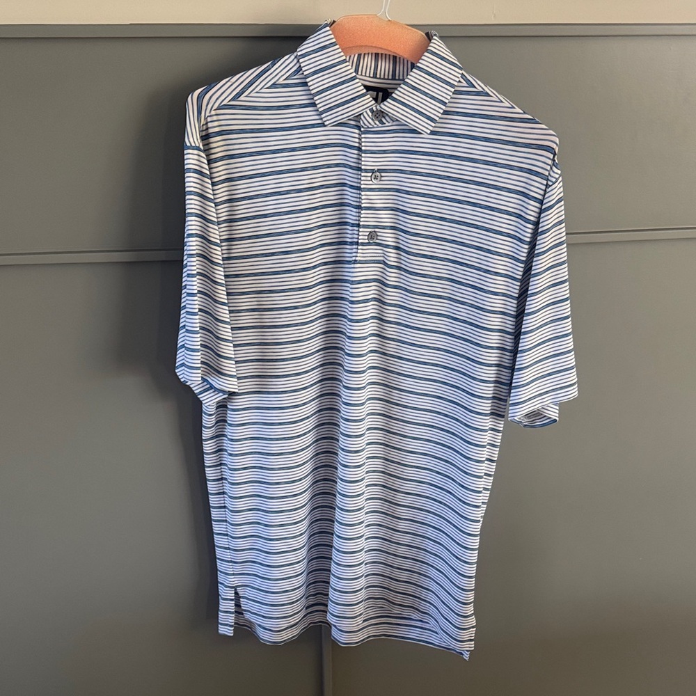 Men's Blue and White Striped Polo Shirt